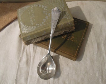 May include: A silver serving spoon with an ornate handle and a decorative bowl. The spoon is resting on top of two antique books with green covers. The books are titled "Burns Poems" and "Ridin' Love's Road".