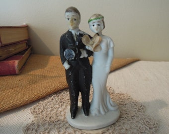 Vintage Bisque Wedding Cake Topper / 1920&#39;s Wedding Topper / Bride and Groom Cake Topper