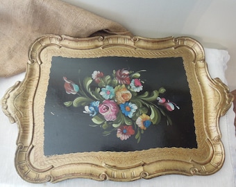 Vintage Florentine Tray / Vintage Italian Gold and Black Floral Tray