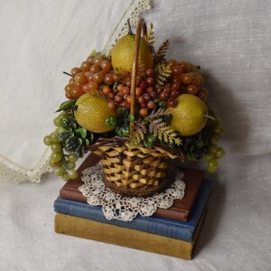 Vintage Faux Fruit Basket / Wicker Basket Filled With Fruit / Harvest Floral Arrangement / Mid Century Basket Artificial Fruit Centerpiece