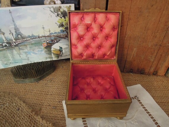 Vintage French Pink Silk Brass Box / Antique Napo… - image 3