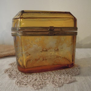 Antique Bohemian Glass Hinged Box / Amber Etched Rectangular Box / Vintage Brass & Glass 19th Century French Beveled Glass Box