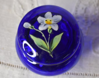 Antique Cobalt Blue Glass Dresser Box with Florals / Vintage Glass Brass Hand Painted Box / Vintage Round Brass and Blue Glass Box