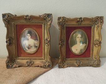 Vintage Paar Kamee Creations / Countess of Blessington & Lady Dower / Goldrahmen mit roter Samt Kamee
