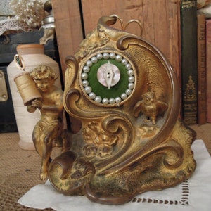 Vintage Ornate Cast Clock Pincushion / Handmade Pin Cushion / Green Velvet Pincushion OOAK