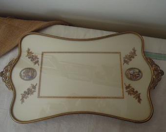 Vintage French Ormolu Vanity Mirror / Antique Limoges Button Detail Tray / Ornate Mirror Perfume Tray