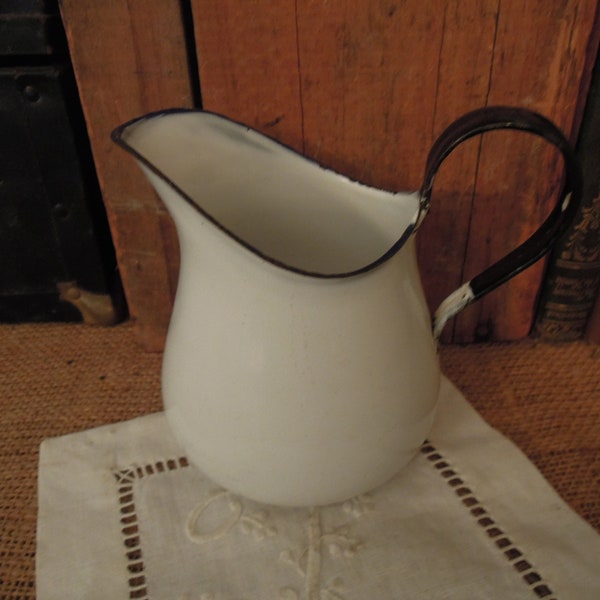 Vintage Swedish Enamel Pitcher / White and Black Water Pitcher / White Enamel Vintage Jug / Small White Jug