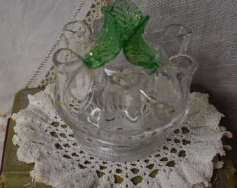 Antique Art Glass Flower Frog / Clear Glass and Uranium Leaves Flower Frog / Repaired Collectable Glass