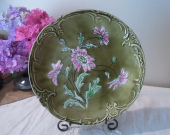 Antique Majolica Plate / Majolica Astra by Ludwig Wessel / Green Pink Floral Design / German Pottery Plate