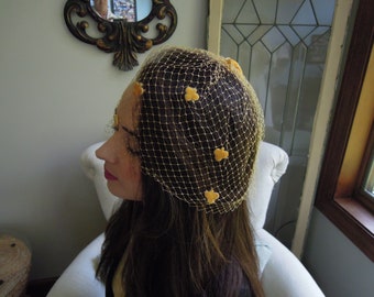 Vintage Gold Netting Hat / Birdcage Veil / Gold Flocking and Bow