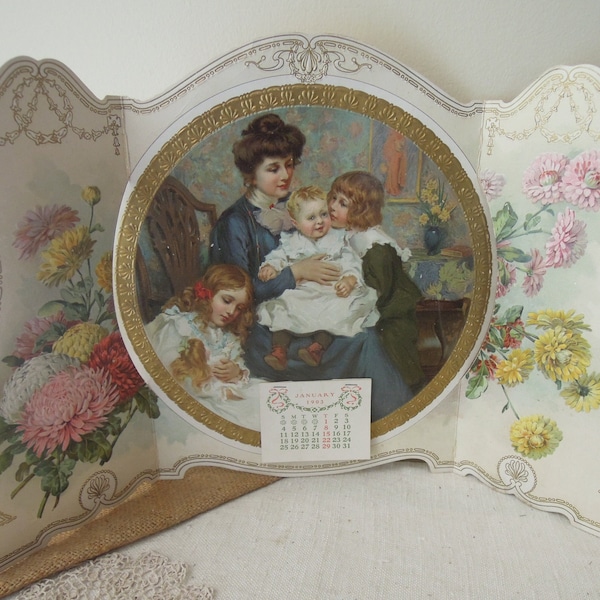 Antique Die Cut Calendar 1902 / Victorian Calendar Die Cut Scene / Vintage Ephemera Paper Card