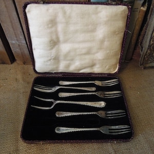 Vintage Dessert Forks in Case / Silver Desert Forks / Boxed Set of Forks And Server