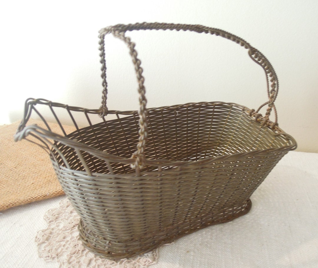 Vintage French Brass Wine Basket / Wine Bottle Carrier / Woven Brass