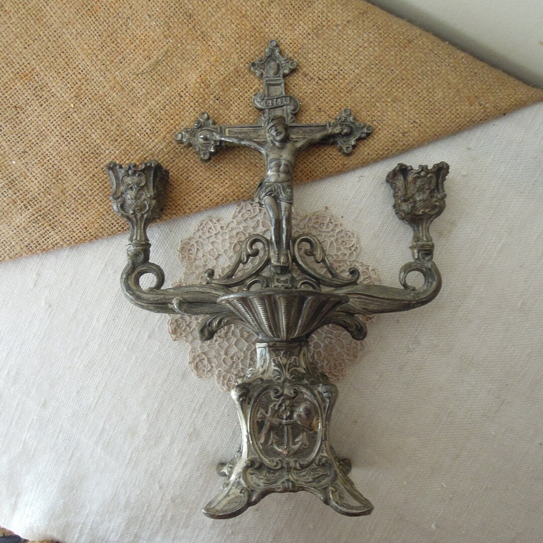 Vintage Crucifix Candle Holder & Font / Catholic Viaticum Etsy