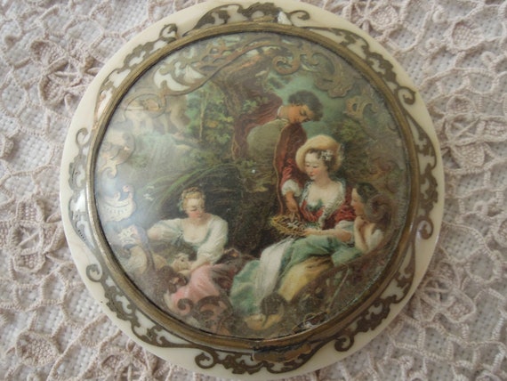 Vintage French Mirror Compact / Collectible Mirror Compact / Antique Mirror Compact Pictorial Victorian Revival