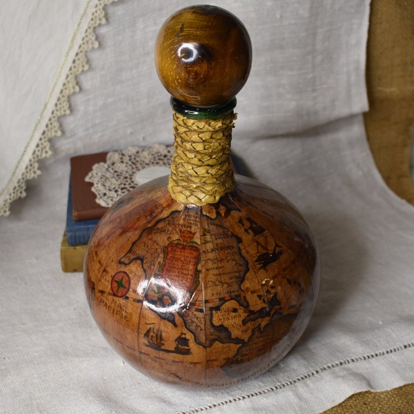 Vintage Decoupage World Glass Decanter / World Globe Motif Liquor Bottle / Made in Italy