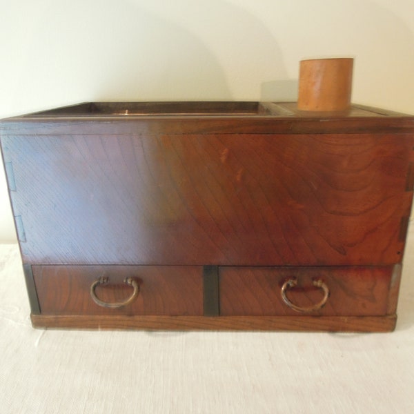 Antique Wooden Tobacco and Copper Tray / Antique Japanese Keyaki Tobacco Box / Tansu / Hibachi / Tabako - Bon  / Collector Tobacconist