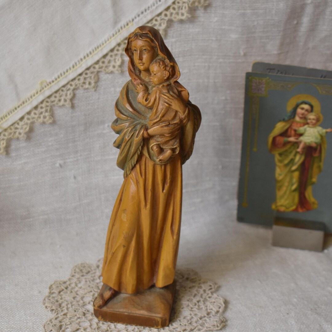Vintage Anri Madonna and Child Statue / Italian Wood Carved Figurine ...