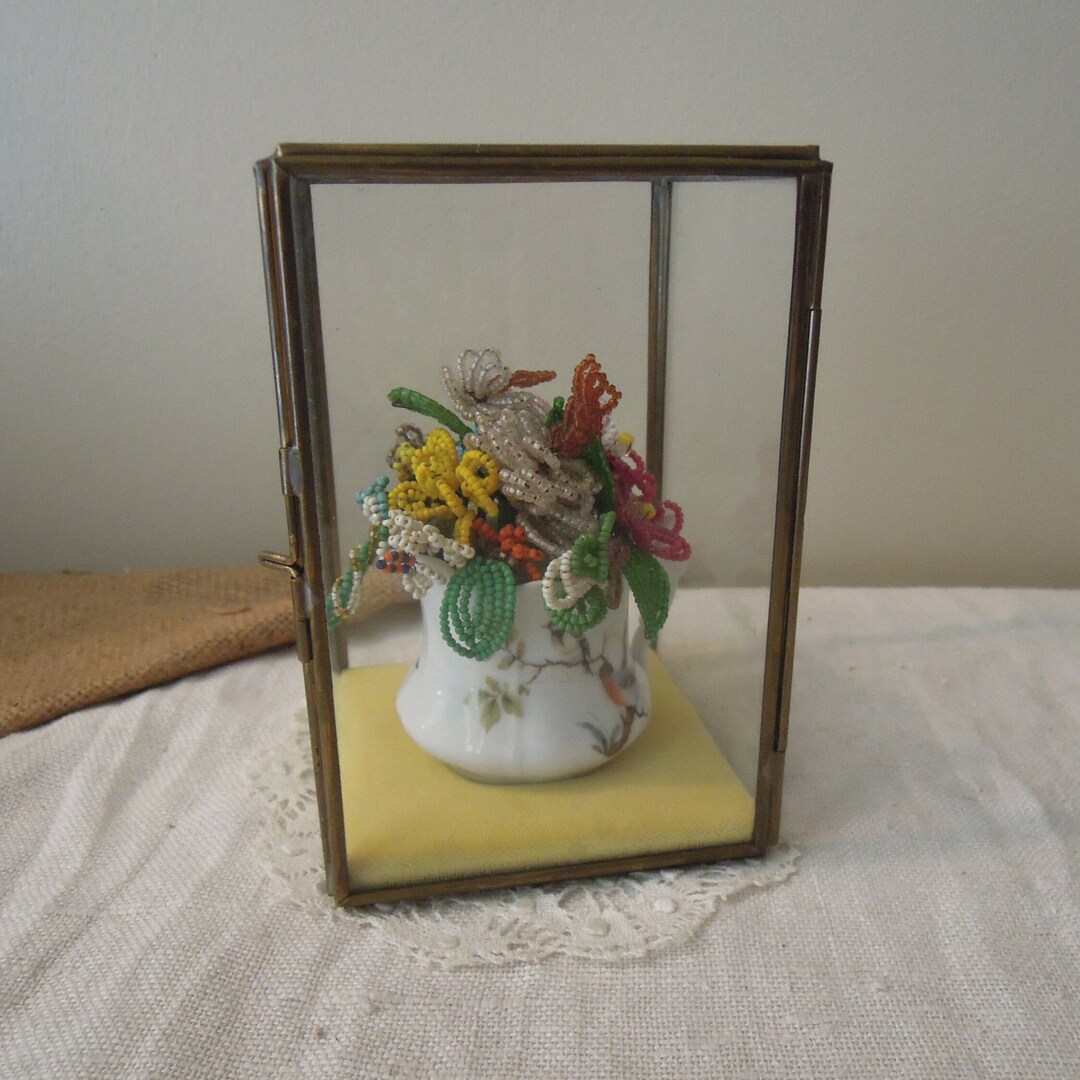 Vintage French Limoges and Beaded Flowers in Brass and Glass Box