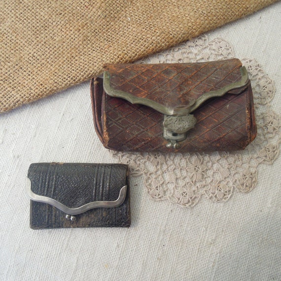 Antique Collection of 2 Leather Coin Purse W Metal Frame Vintage