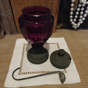 Antique Red Glass Lidded Jar /  Vintage Jelly Jar and Spoon /  Victorian Red Glass Condiment