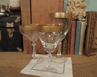 Vintage 24K Crystal Wine Glasses / Ornate Gold Rimmed Stem Ware /  Set of 3 Elegant Wine Glasses