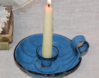 Vintage Emaille Kammerkerzenhalter / Blauer Emaille Kerzenhalter