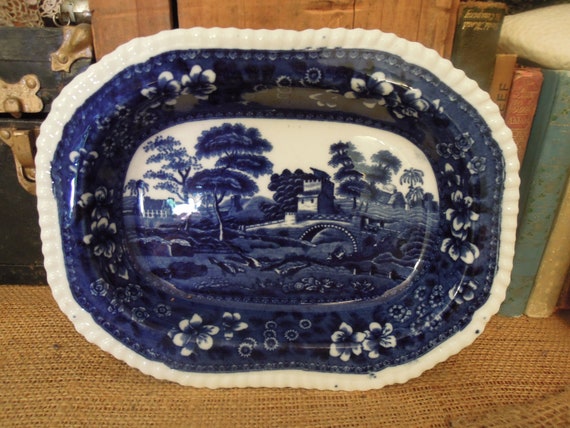 Vintage Copeland Spode Flow Blue Transfer Ware Dish / Antique Flow