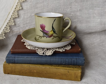 Vintage Copeland Spode Botanical Cup & Saucer Set / Colorful Hummingbird Couple / Made in England