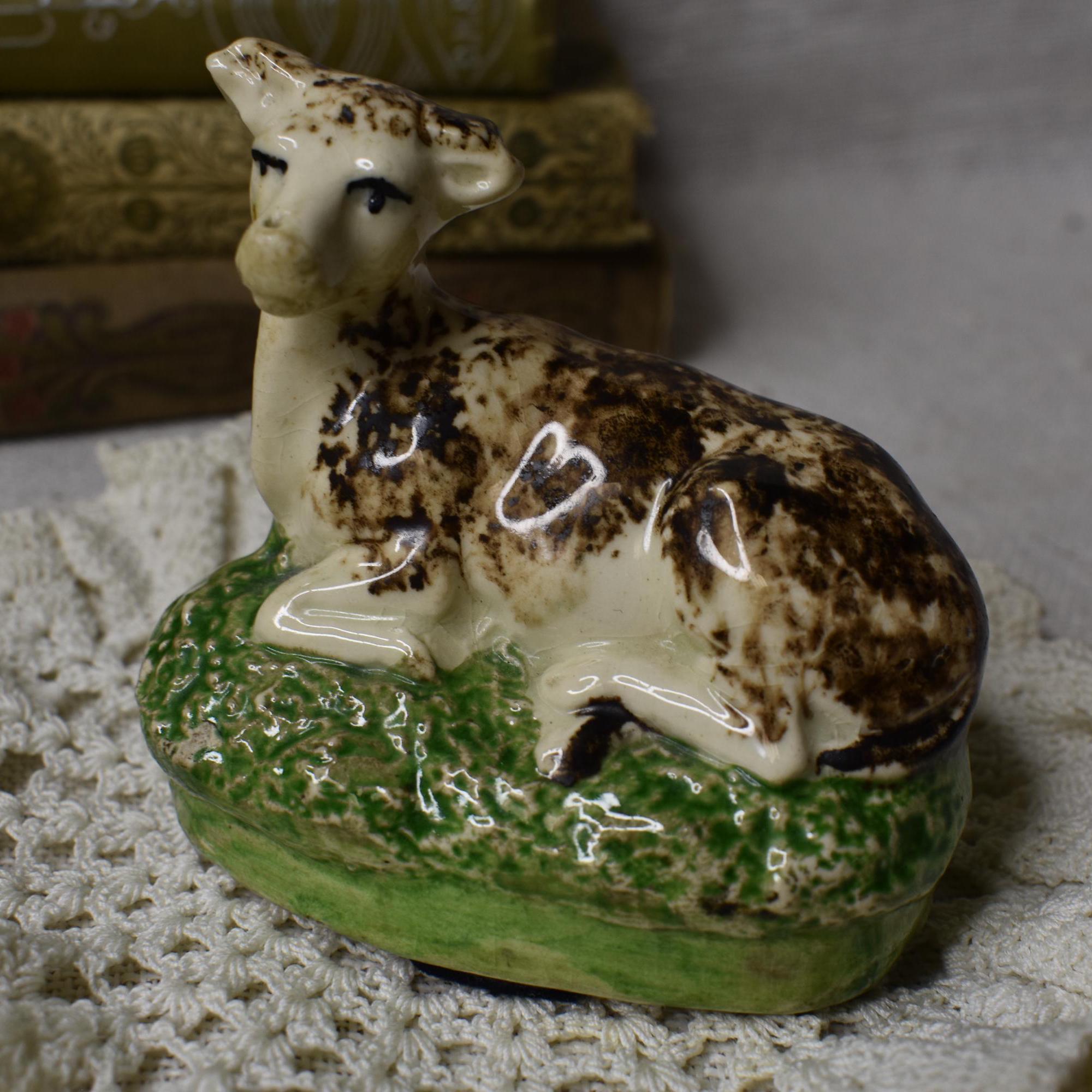 Vintage Staffordshire Lamb / English Pottery Lamb Figurine / Antique Staffordshire Lamb in Grass