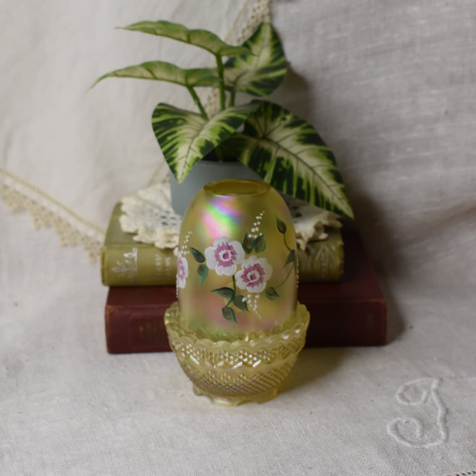Vintage Fenton Fairy Lamp / Floral Iridescent Fairy Light / Signed