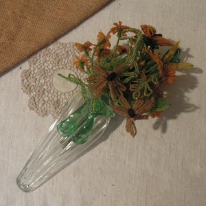 Vintage French Floral Glass Beaded Bouquet in Antique Glass Wall Vase / Vintage Beaded Bouquet