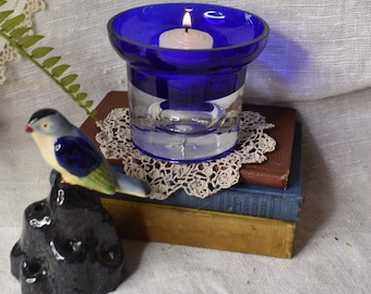 Vintage Krosno Blue Glass Candle Holder/ Paperweight Glass Votive Holder / Cobalt Blue Glass with Bubble