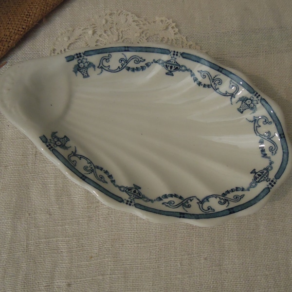 Vintage Relish Dish / Scalloped White with Blue Ironstone Dish / Vintage White Soap Dish / Walker China Ironstone Dish