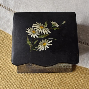 Vintage Paper-Mache&#39; Toleware Floral Match Box / Antique Victorian Black Match Box / Collector Tobacconist