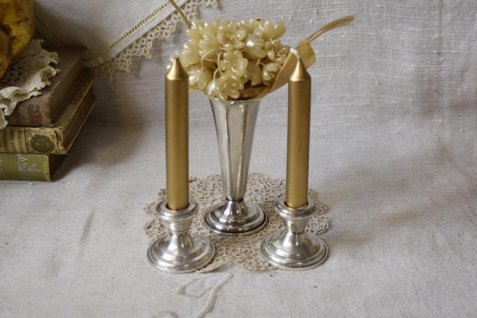 Vintage International Sterling Weighted Silver Vase and Candlestick Holders / Set of Silver Candle Holders Bud Vase