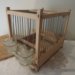 Vintage French Bird Cage Wood with Glass Pots / Collectible Wood and Wire Bird Cage
