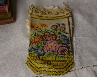 Antique Floral Micro Seed Beaded Draw String Bag / Vintage French Art Deco Microbead Evening Bag Purse