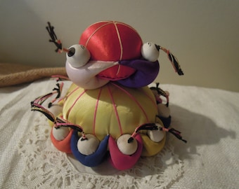 Vintage 2 Chinese Silk Pin Cushions / Colorful Pin Cushion / Vintage Sewing Notion / Vintage Sewing Supplies