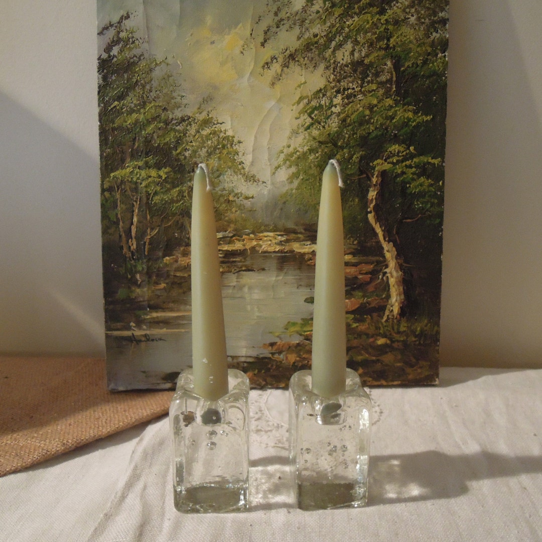 Vintage Pair of Blenko Glass Candle Holders / Simple Clear Glass Candle