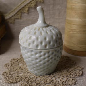 Vintage OOAK Pincushion / Vintage Milk Glass Strawberry Jar / Pincushion with Red Velvet and Sewing Notions