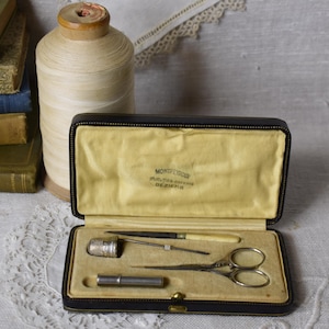 Antique French Leather Sewing Kit Etui / Vintage Needle Case & Sewing Tools