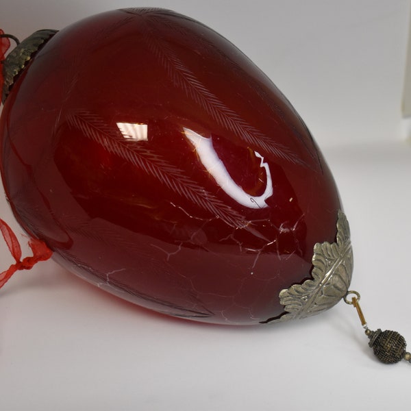 Vintage Kugel Style glass Etched Ornament / Red Glass Large Ornament / Boho Accent Décor