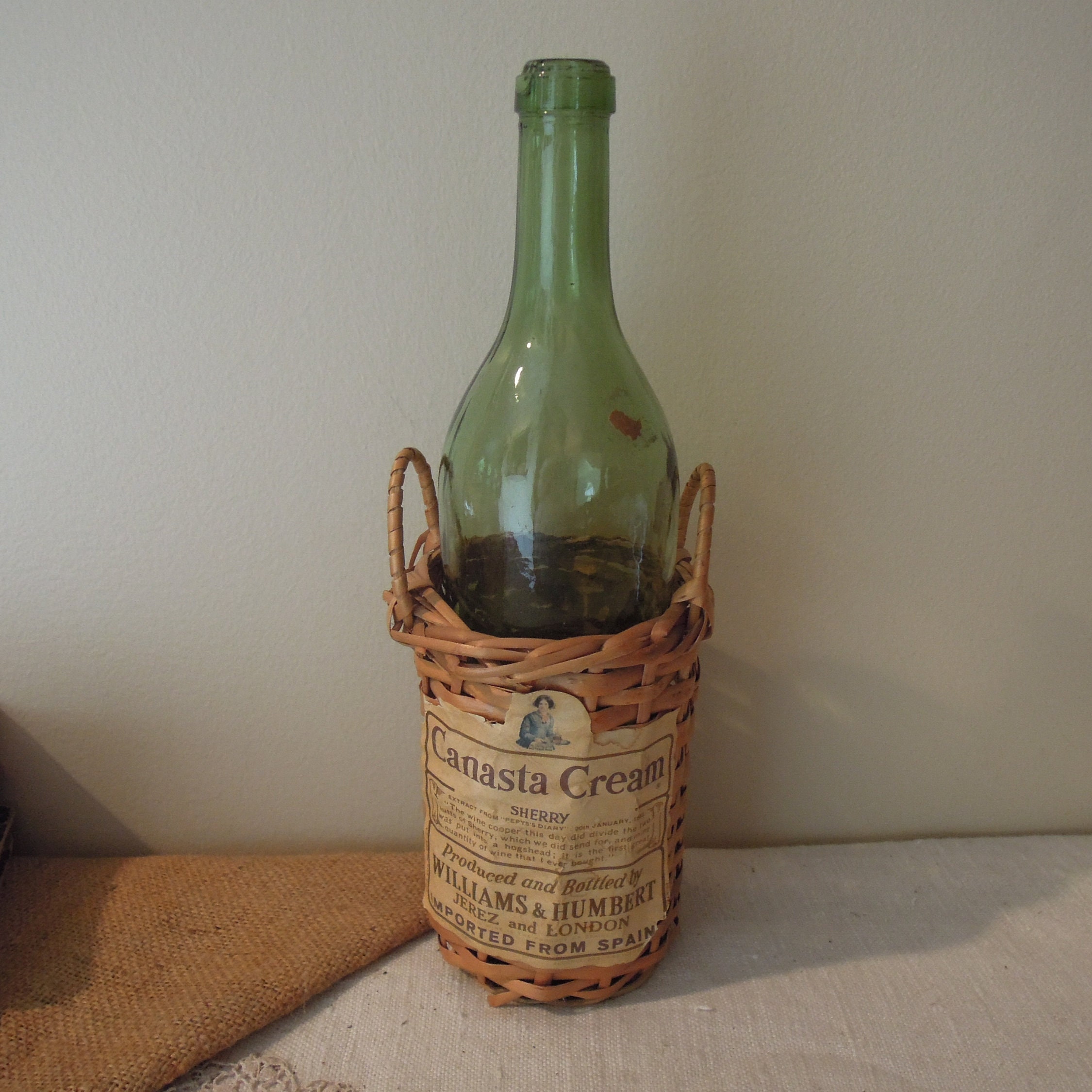 Vintage Wicker Basket and Antique Bottle / 1877 Canasta Cream