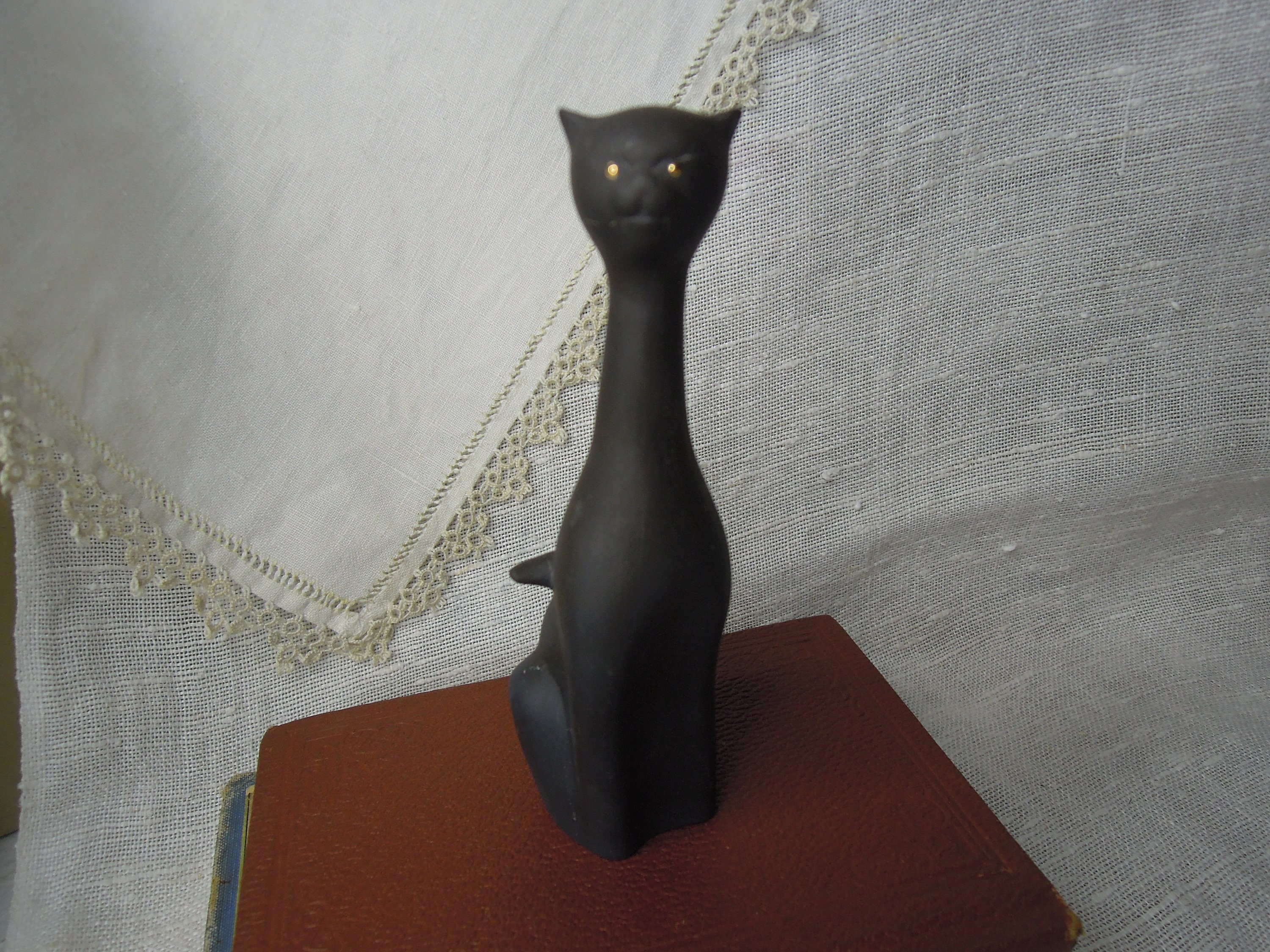 Vintage Black Cat Figurine / Black Ceramic Cat With Gold Accents