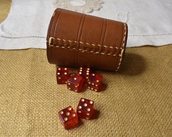 Vintage Leather Cup with Dice / Mid-Century Dice Game
