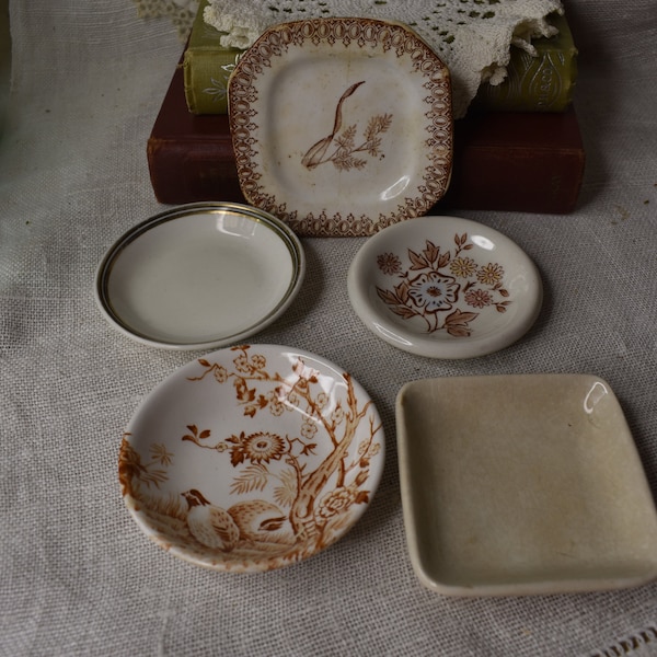 Vintage Brown Transferware Mix of Butter Pats / Collection of Five Butter Pats / Trinket Dish