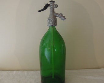 Vintage Green Glass Seltzer Bottle / Green Siphon Seltzer Soda Bottle