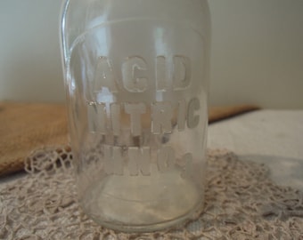 Vintage Apothecary Bottle Ground Stopper / Antique Glass Laboratory Bottles / Raised Letters Acid Nitric HNO3