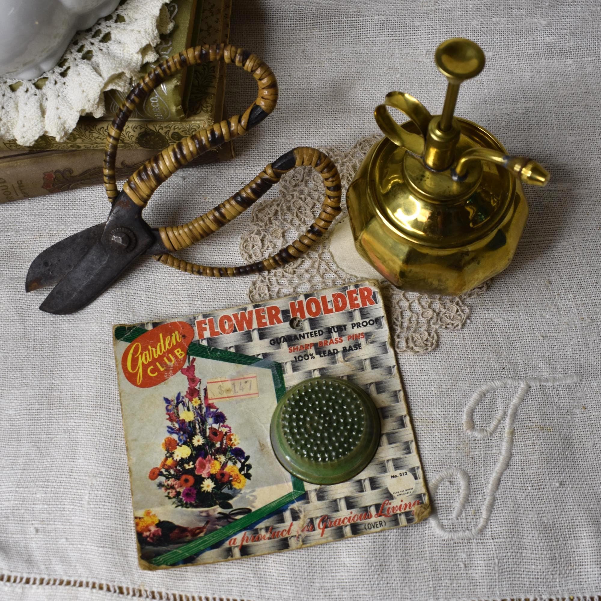 Vintage Gardening / Mister Watering Can Flower Frog and Scissors